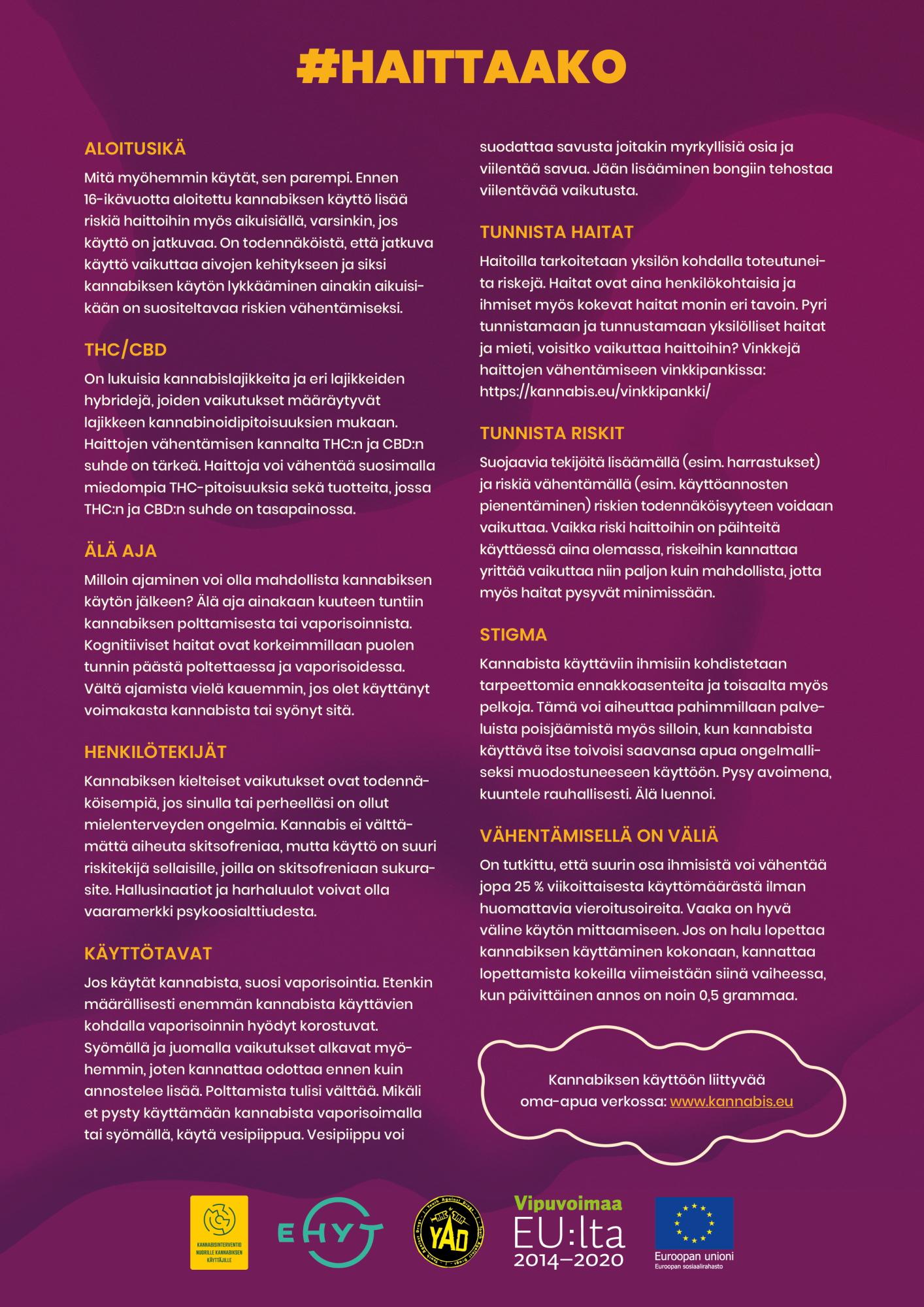 Kannabiksen haittojen vähentäminen-huoneentaulu 